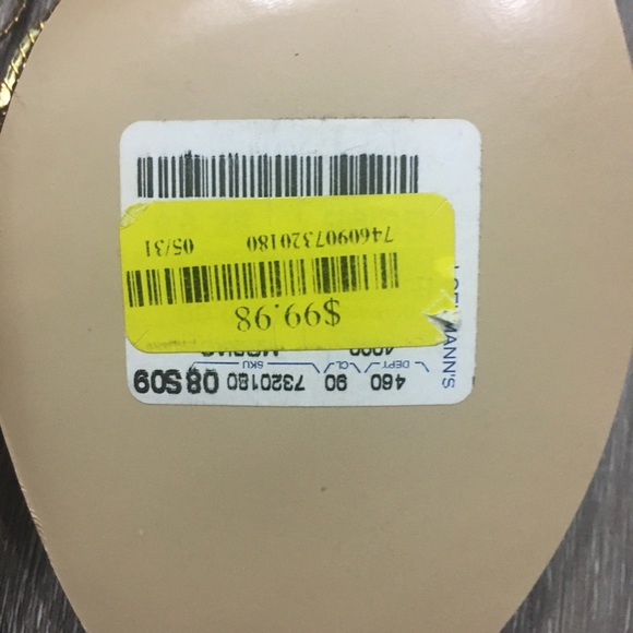 Women’s thong stacked heel sandal gold with blue - Picture 9 of 13